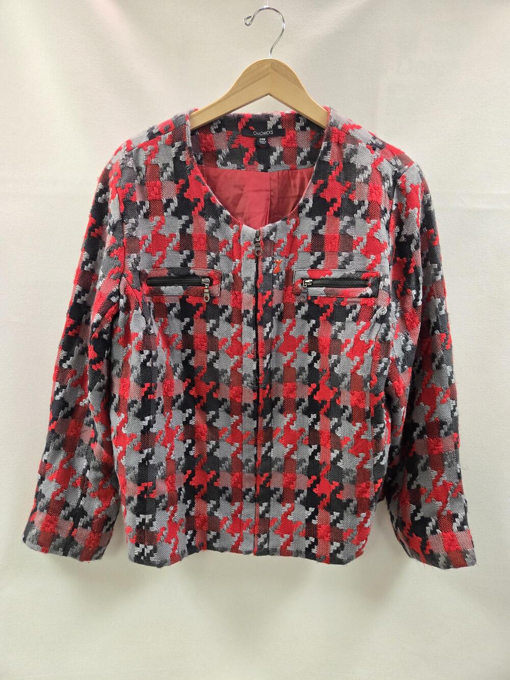 Chadwicks Jacket Womens 24W Red Gray Black Houndstooth Zip Front Lined
